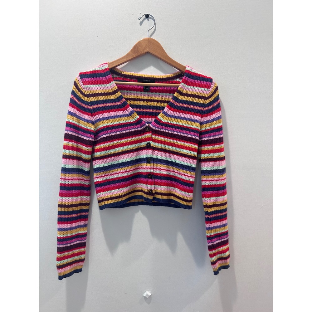 Forever 21 Cardigan Women Medium Multi-Color Striped Cropped V-Neck Knit Sweater